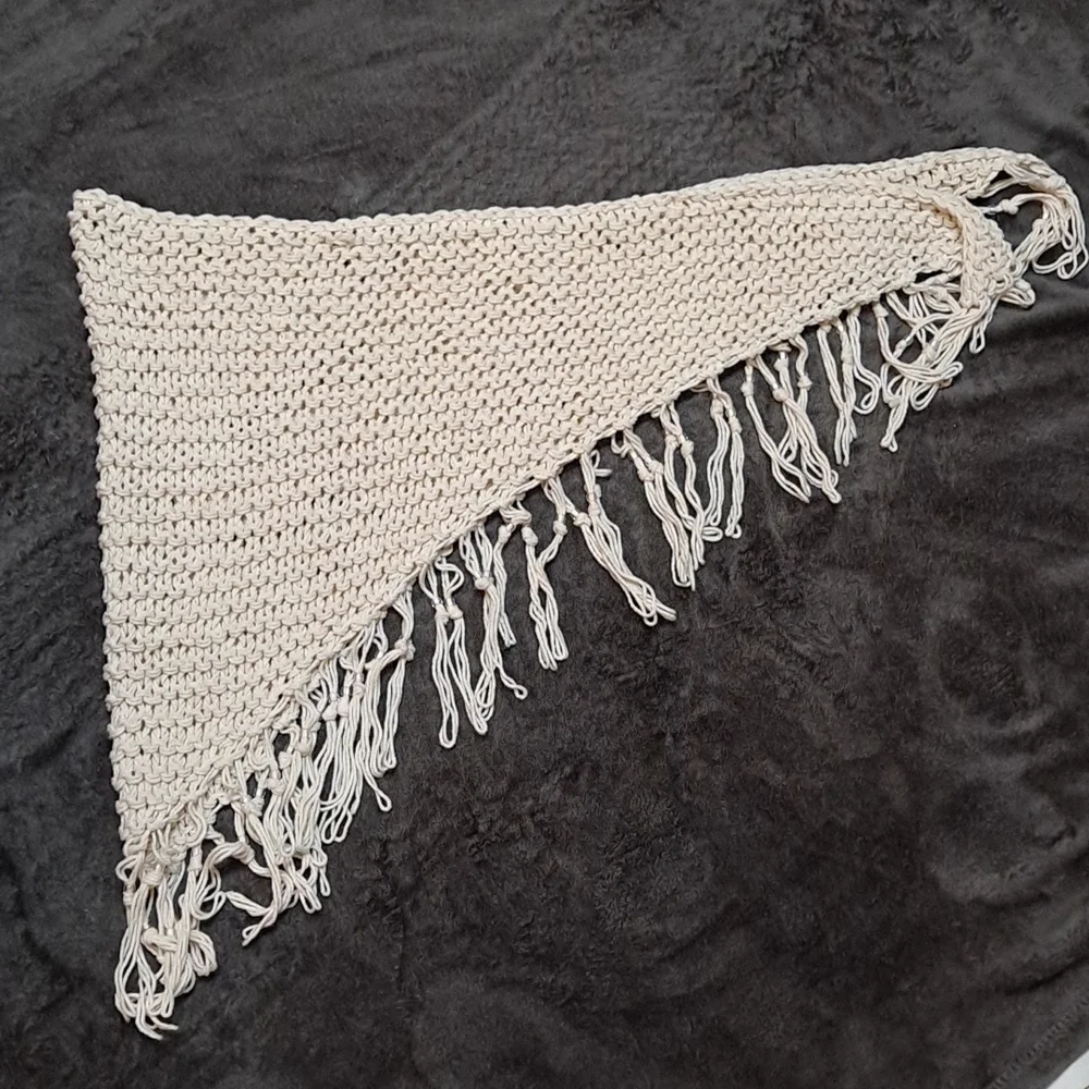Handmade Cream Beaded Fringe Boho Coastal Grandma Shawl Wrap